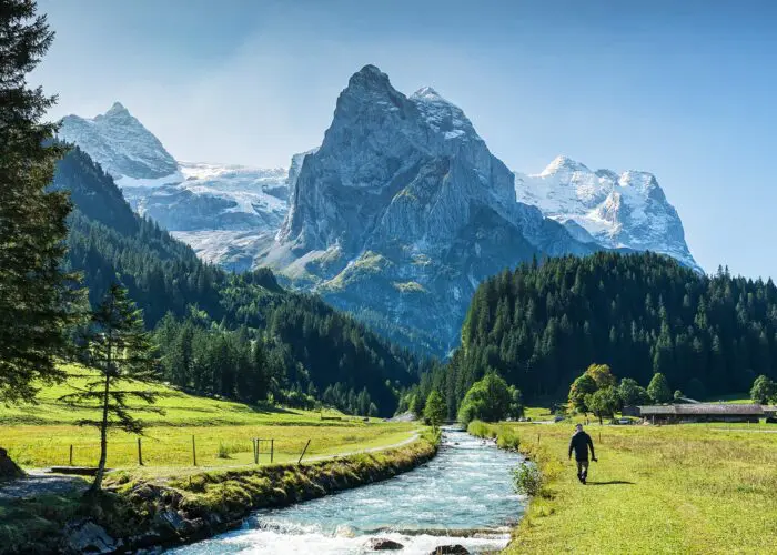 A person walks beside a flowing stream in a mountainous landscape with snow-capped peaks and lush greenery under a clear blue sky.